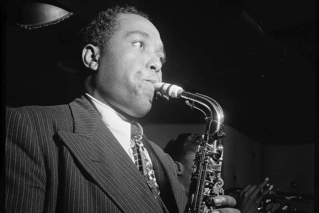 Black and white portrait of Charlie Parker