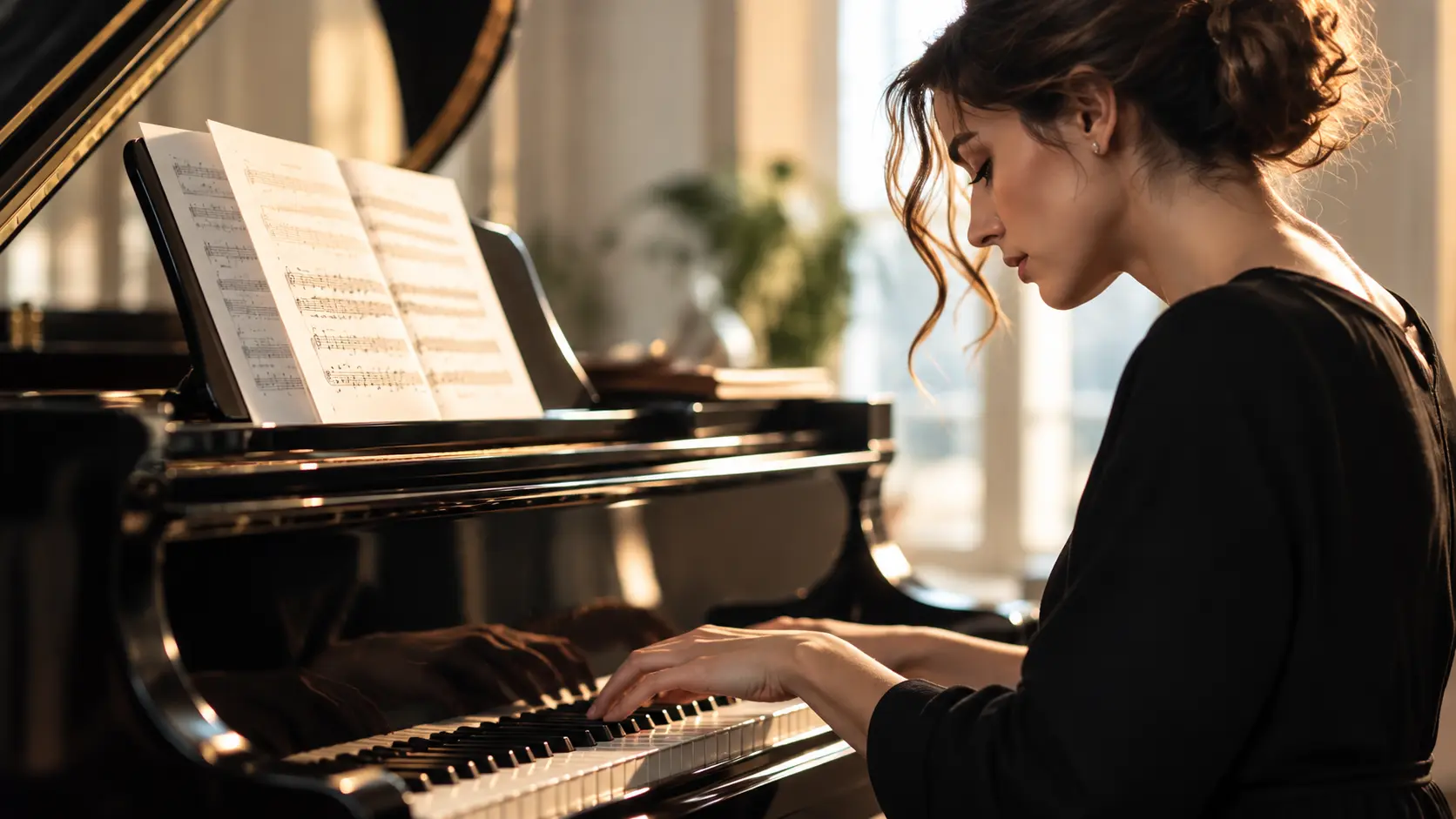A pianist playing a grand piano in warm evening light