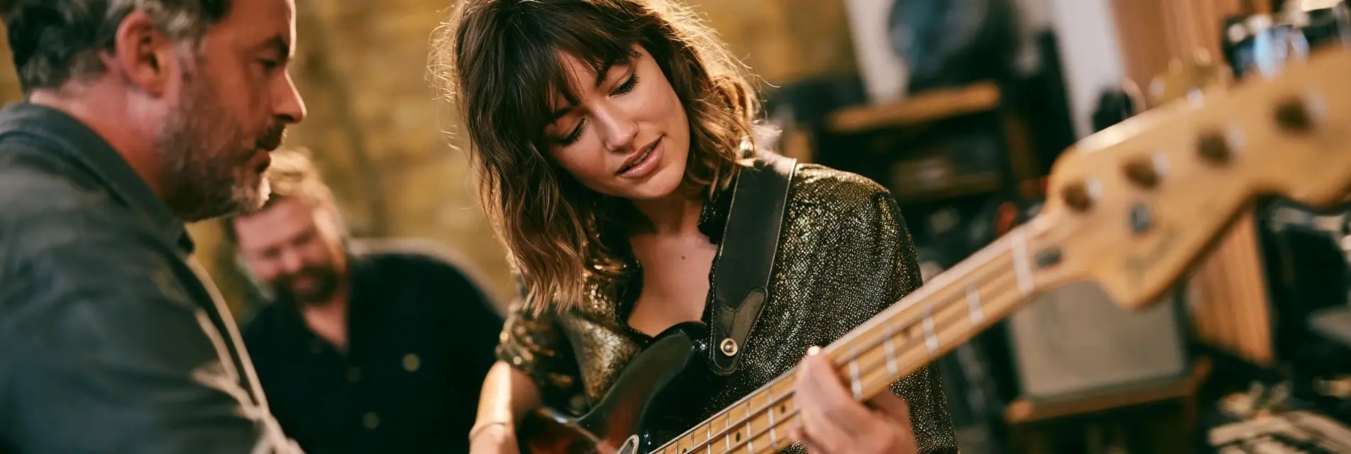 A woman playing an electric bass guitar