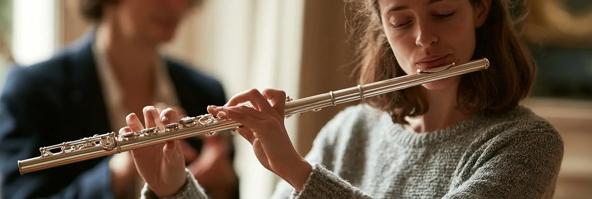 An adult student playing the flute while her teacher listens