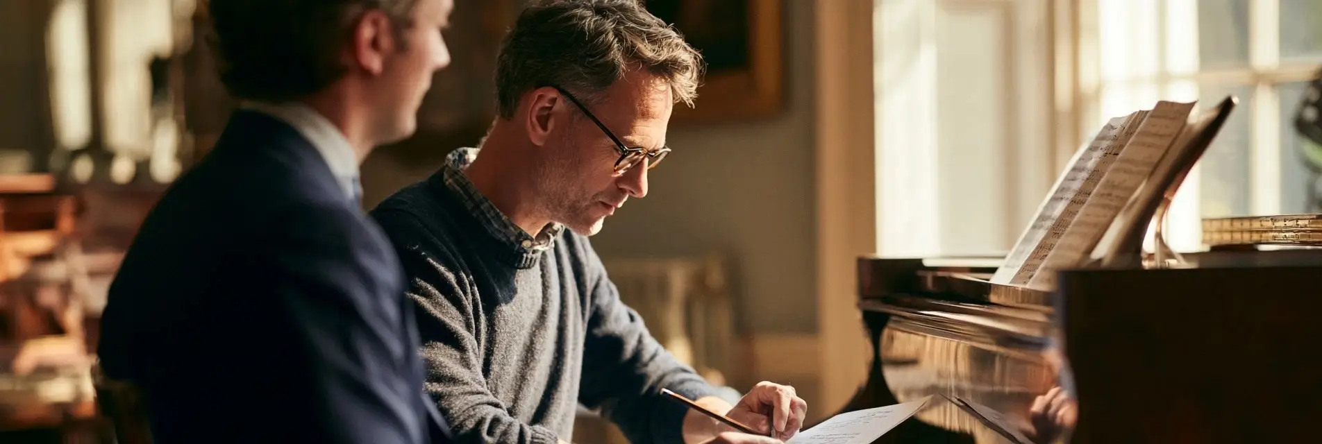A music theory teacher watching an adult student write at the piano