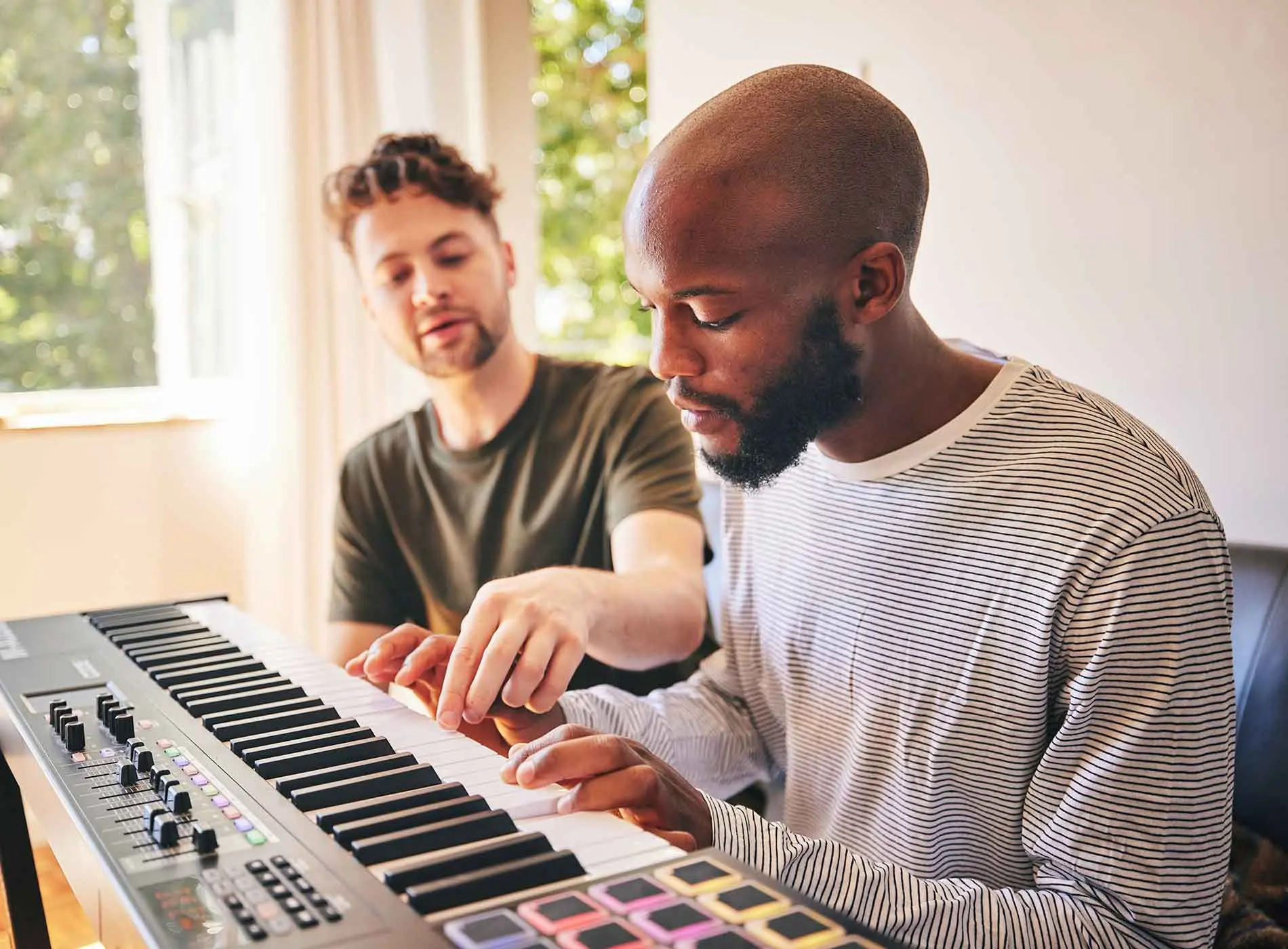 Adult student and teacher having piano lesson