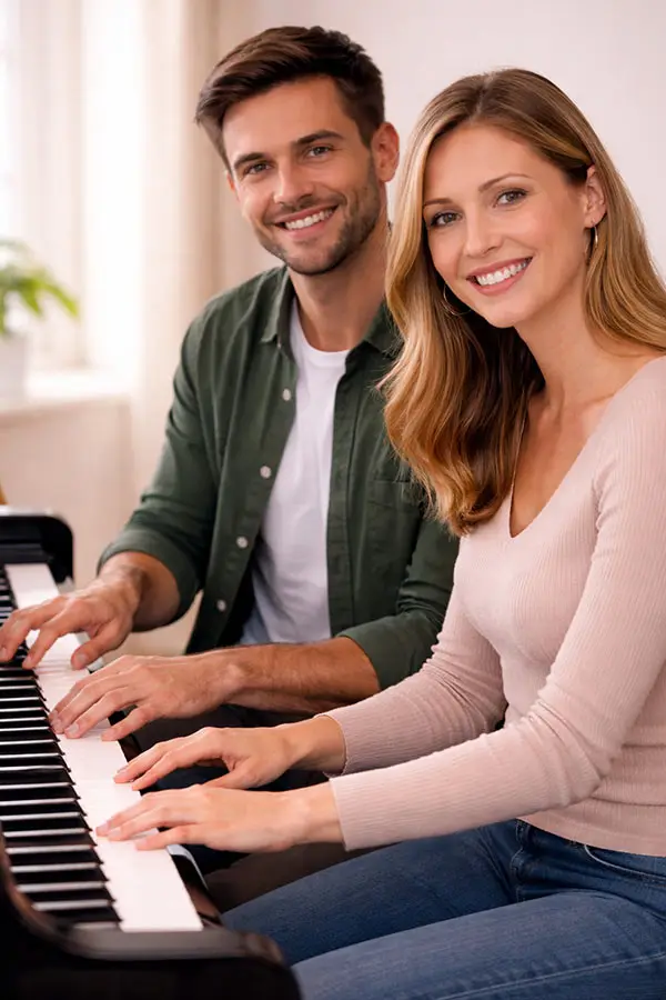 Two adults smiling while playing a piano together