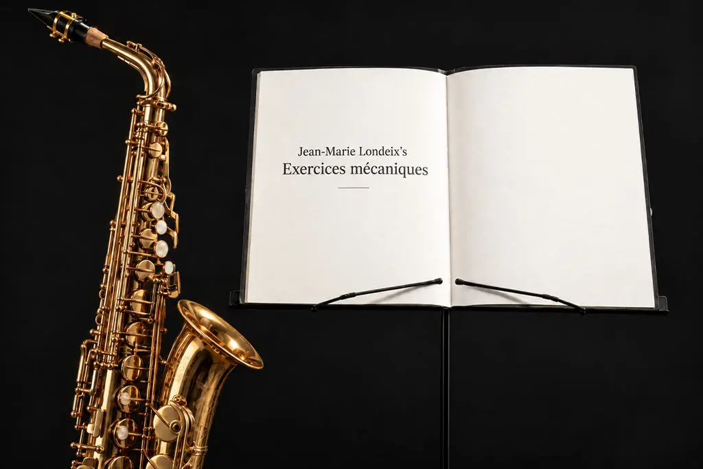 Alto saxophone beside an open Jean-Marie Londeix exercises book