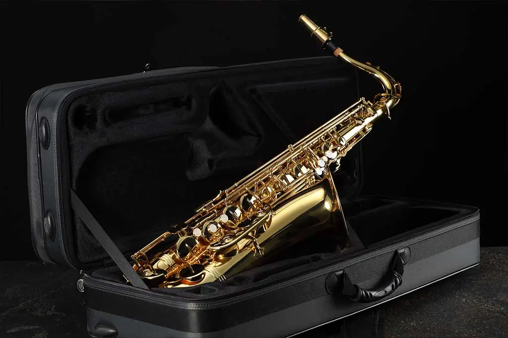 Alto saxophone resting inside an open black case