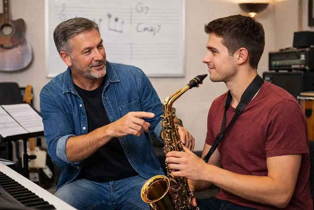 Teacher guiding a student playing alto saxophone in a music room