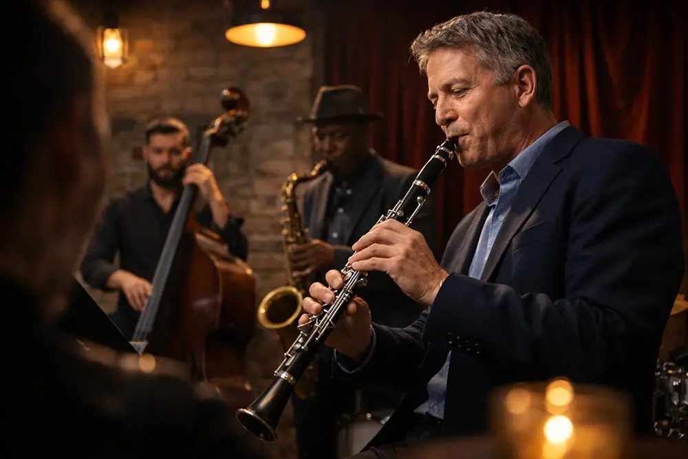 A clarinettist performing with a jazz band