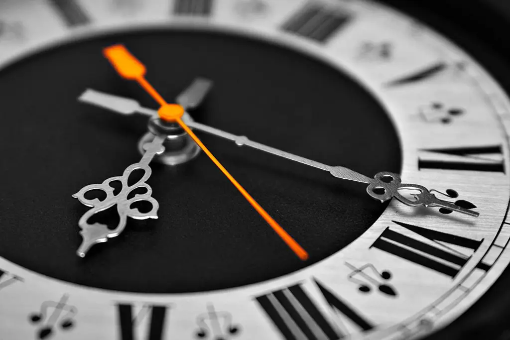 Close-up of a clock face with Roman numerals