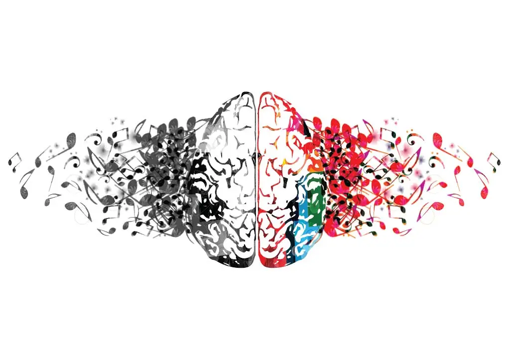 Colourful human brain with music notes