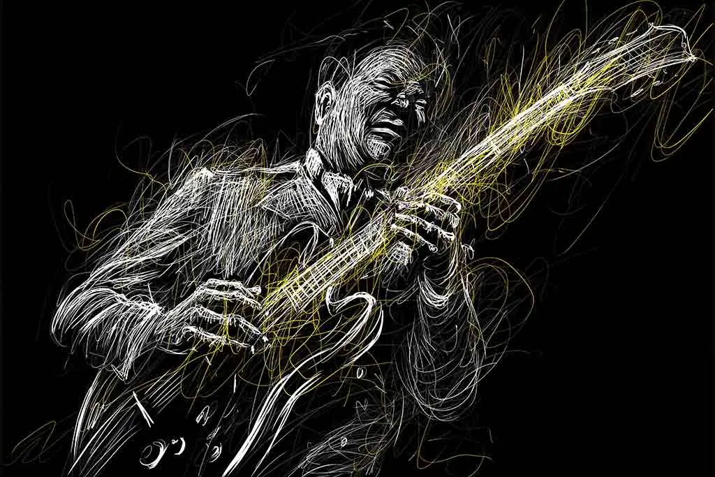 Drawing of a man playing guitar
