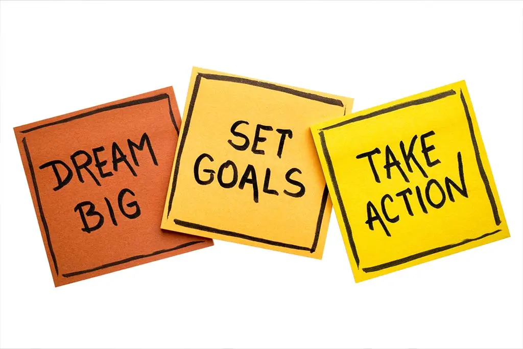 Sticky notes reading dream big, set goals and take action