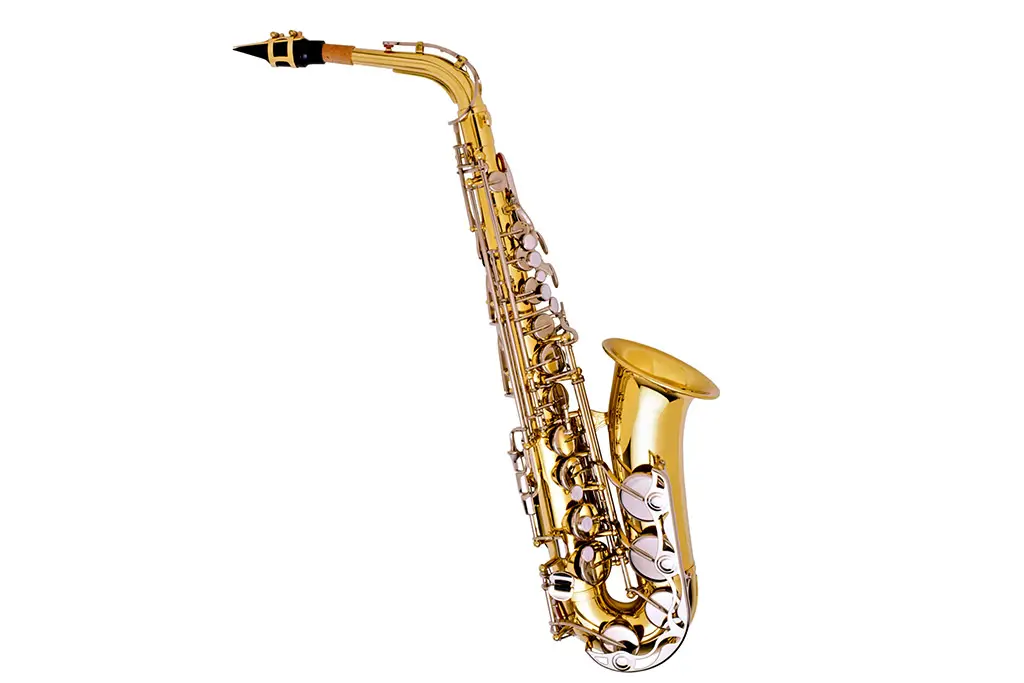 Gold saxophone on a plain white background