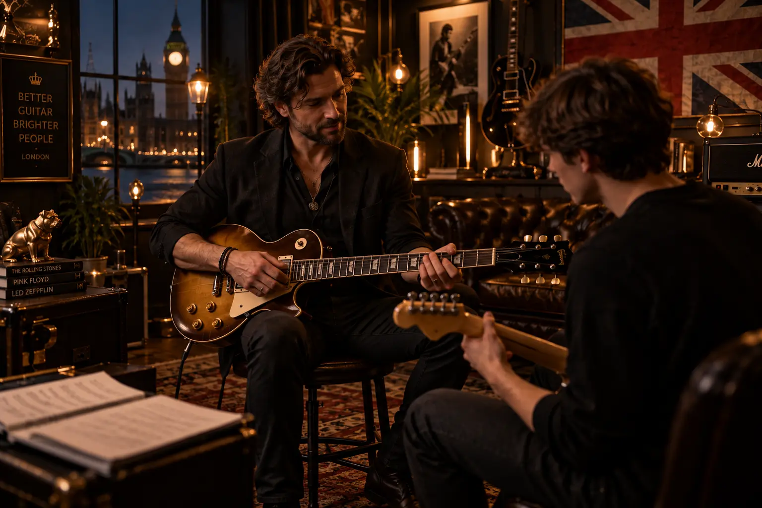 Guitar teacher giving a one-to-one guitar lesson to an adult student in a London studio