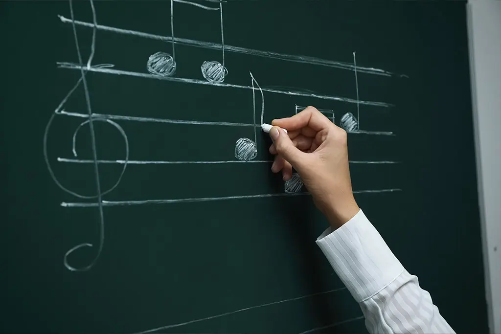 Hand writing music notes on a green chalkboard