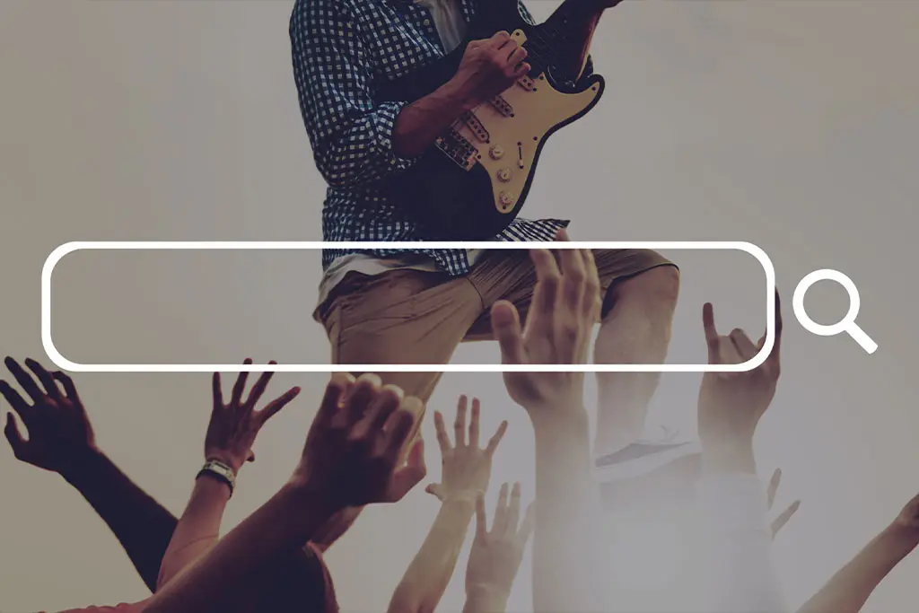 Internet browser search bar with guitarist as background