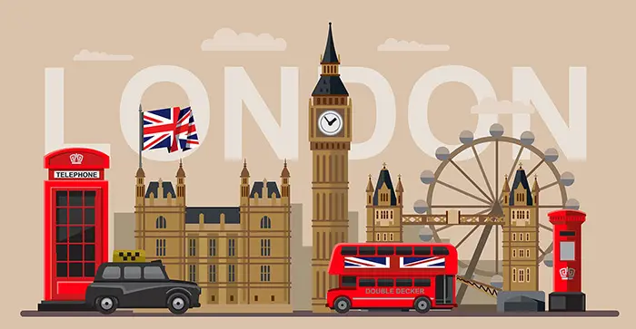 Illustration of London landmarks with a red bus and black cab