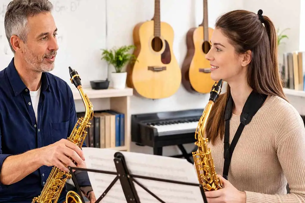 Man and woman holding alto saxophones by a music stand