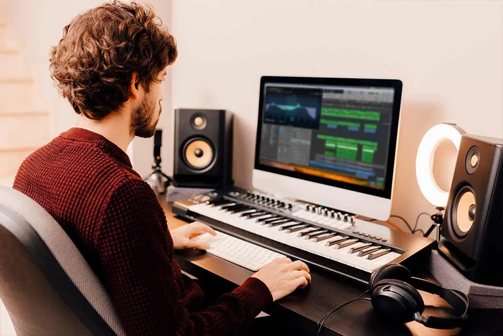 Man at a studio desk with a MIDI keyboard and monitors
