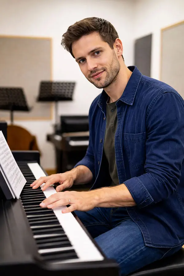 Man in a blue overshirt seated at a piano with sheet music