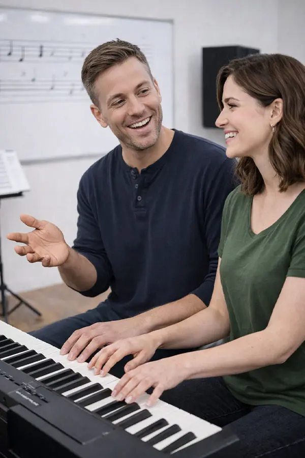 Man gesturing as a woman plays a digital piano