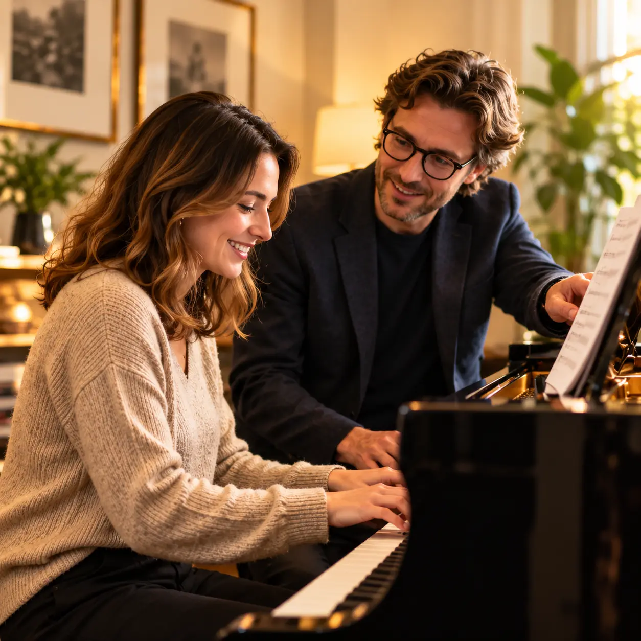 Man guiding a woman playing a grand piano with sheet music