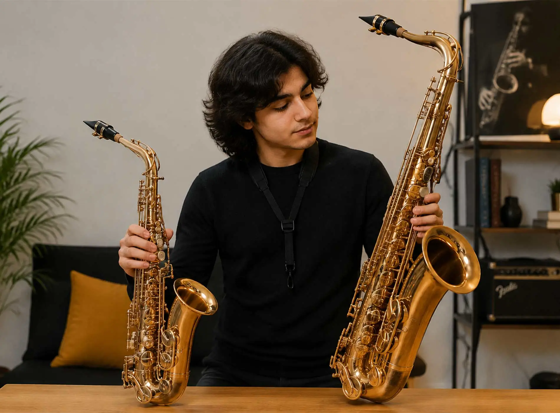 Man holding alto and tenor saxophones
