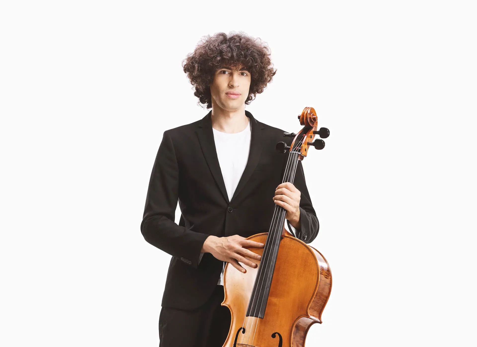 Young man in a black suit holding a cello