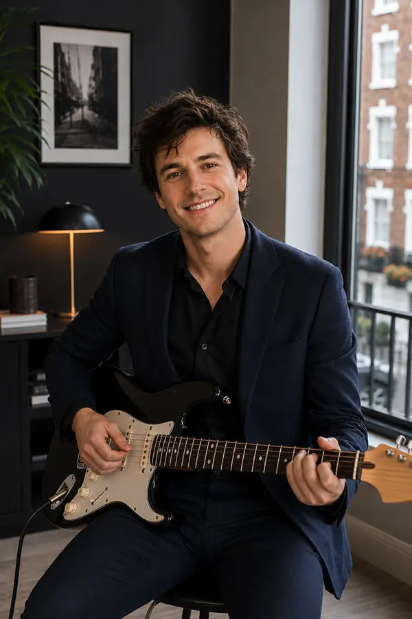 Smiling man in a navy suit playing an electric guitar indoors
