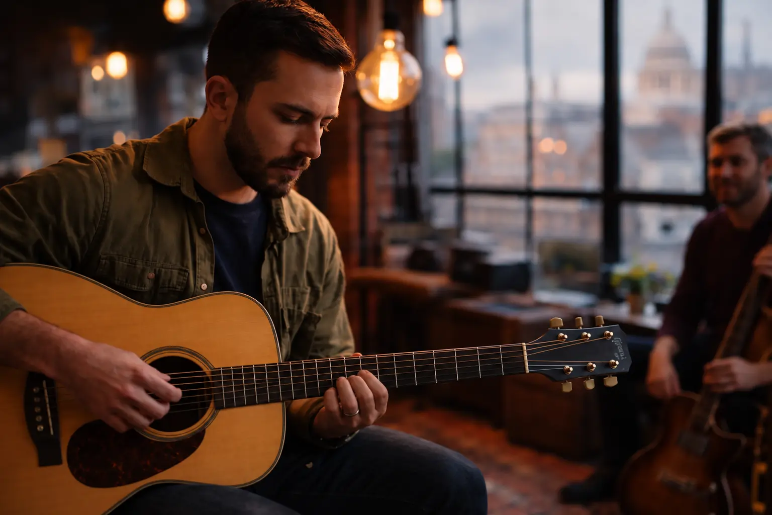 Man playing an acoustic guitar in a warm London loft