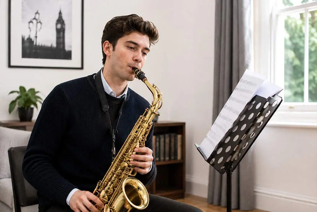 Man playing alto saxophone beside a music stand in a room