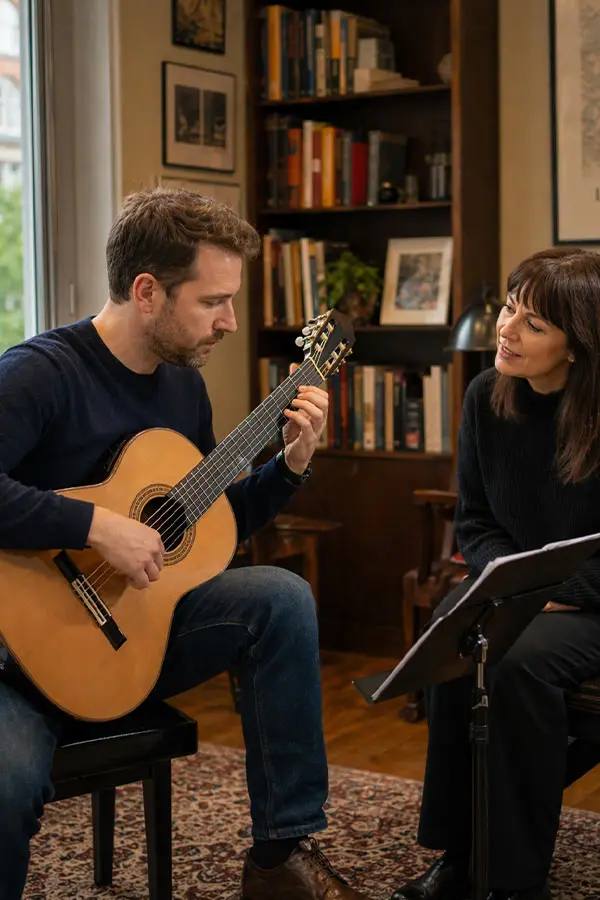 Man playing classical guitar while a woman listens beside a music stand