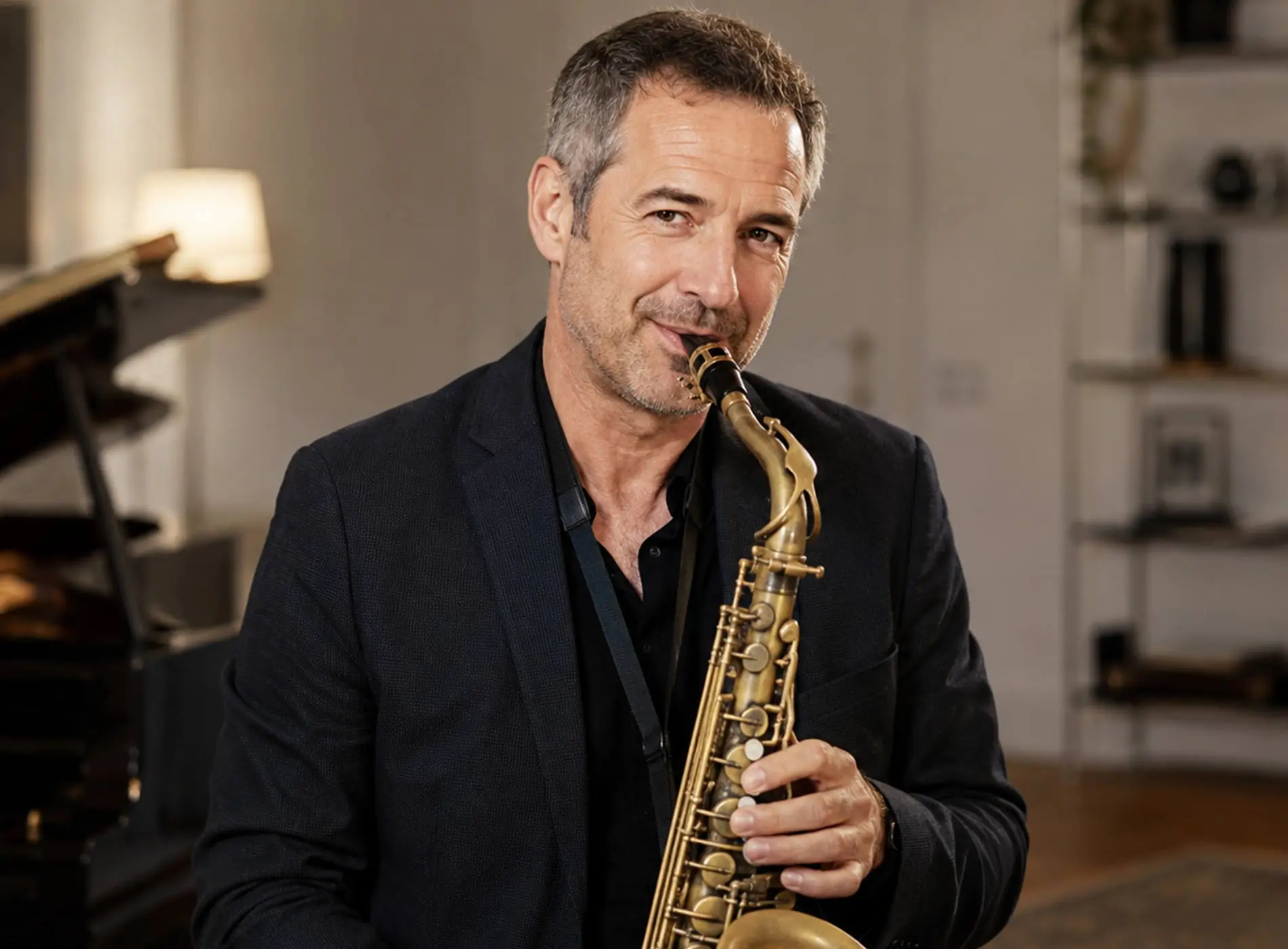 Experienced saxophonist holding to play his saxophone confidently