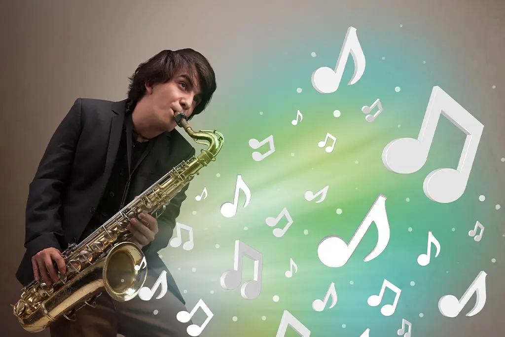 Man playing saxophone with illustrated music notes around him