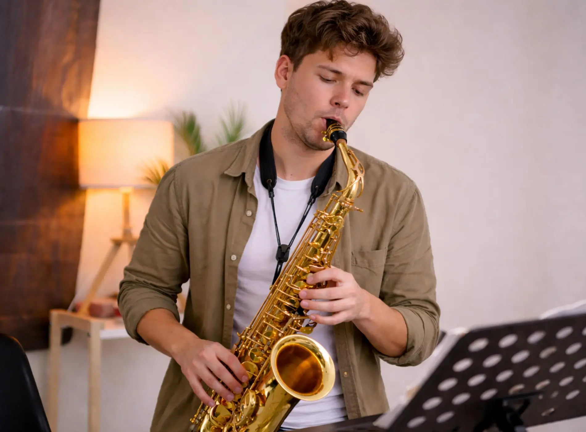 Man playing saxophone in room