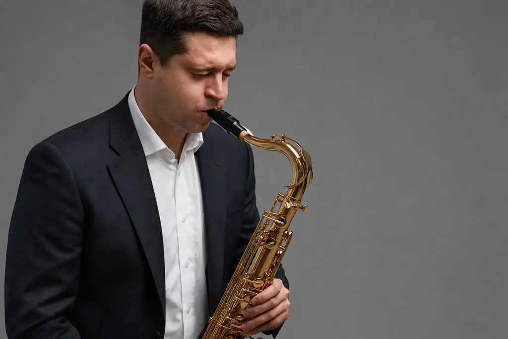 Man in a dark suit playing tenor saxophone against a grey background