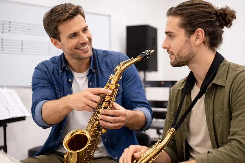Man points to an alto saxophone while another player listens