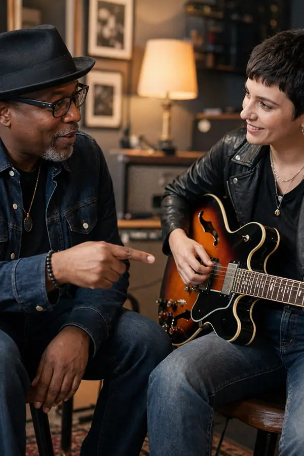 Man pointing as a woman holds a semi-hollow electric guitar