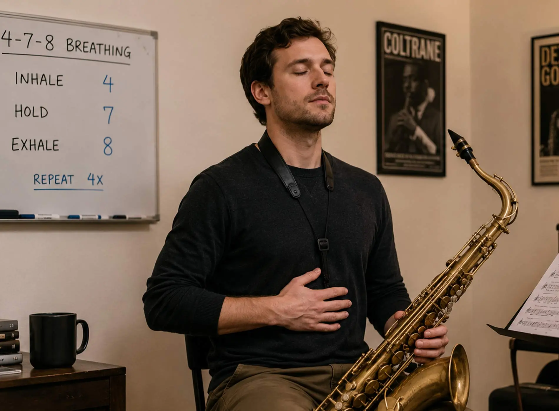 Adult saxophone learner practising the 4 7 8 breathing technique before playing