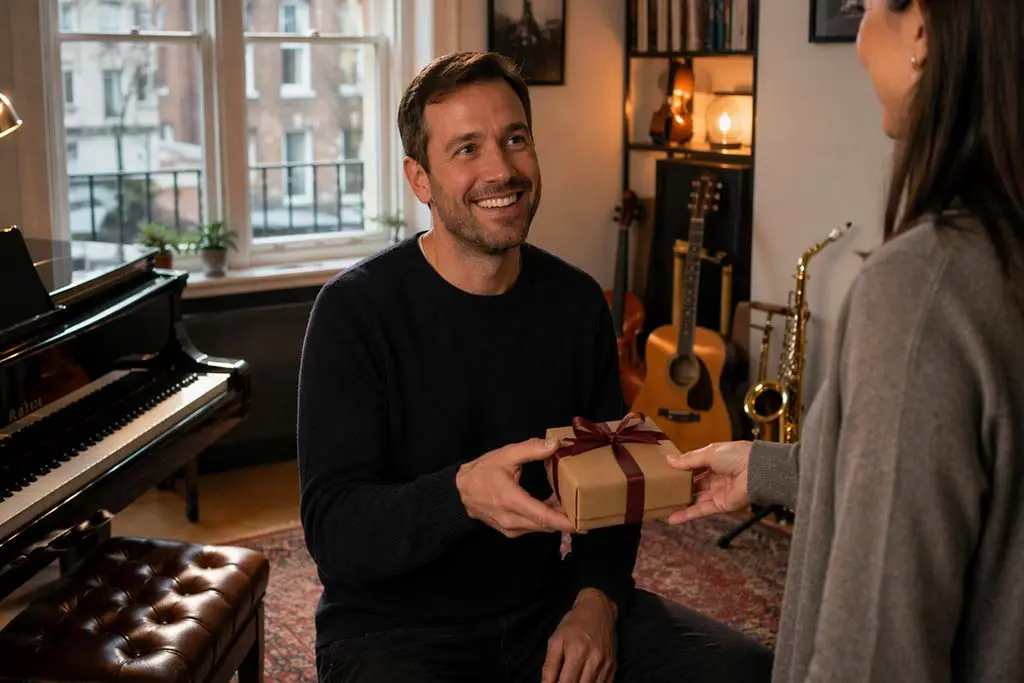 Man receiving a wrapped present beside a piano