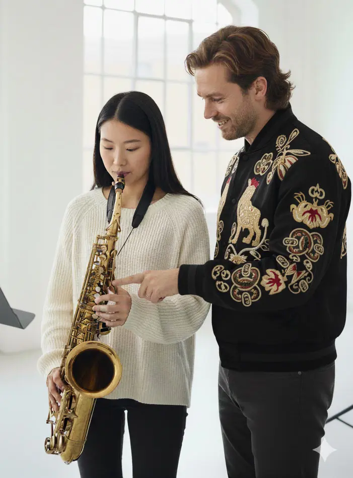 Man guiding a woman as she plays the saxophone