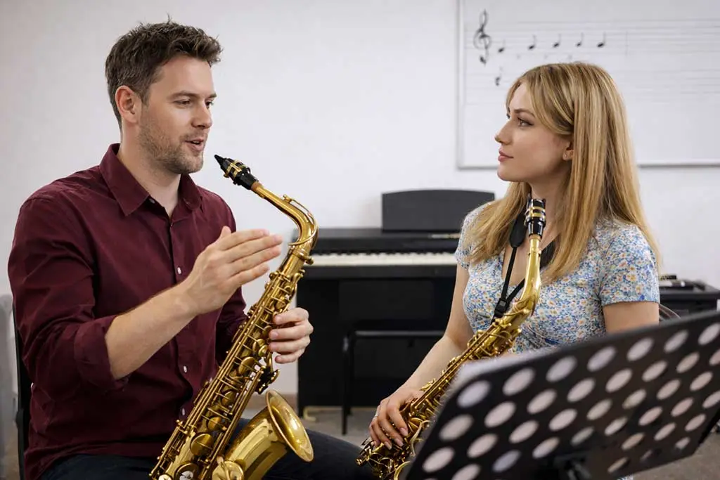Man gestures while two adults hold saxophones