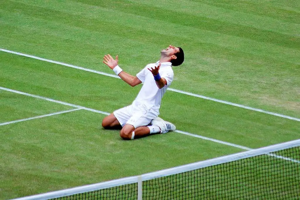 Image of Novak Djokovic screaming celebrating his victory
