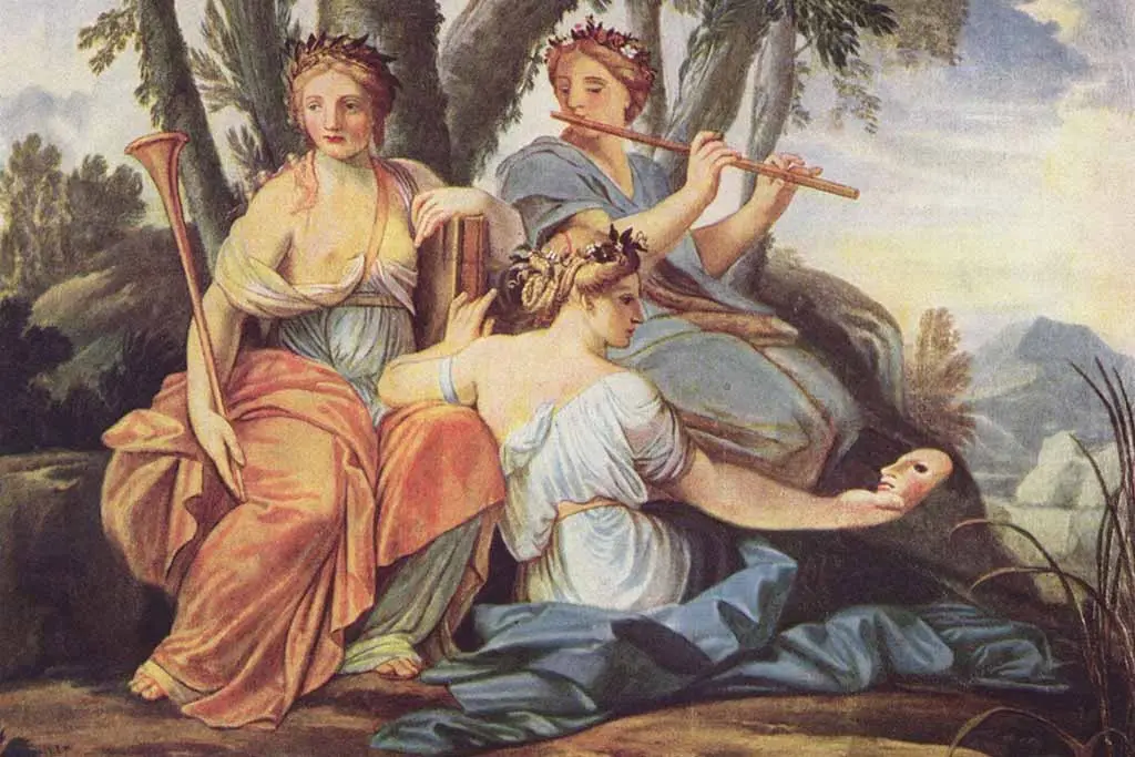 Painting of three muses with instruments