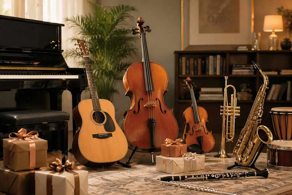Piano, acoustic guitar, cello, violin, trumpet and saxophone with gifts
