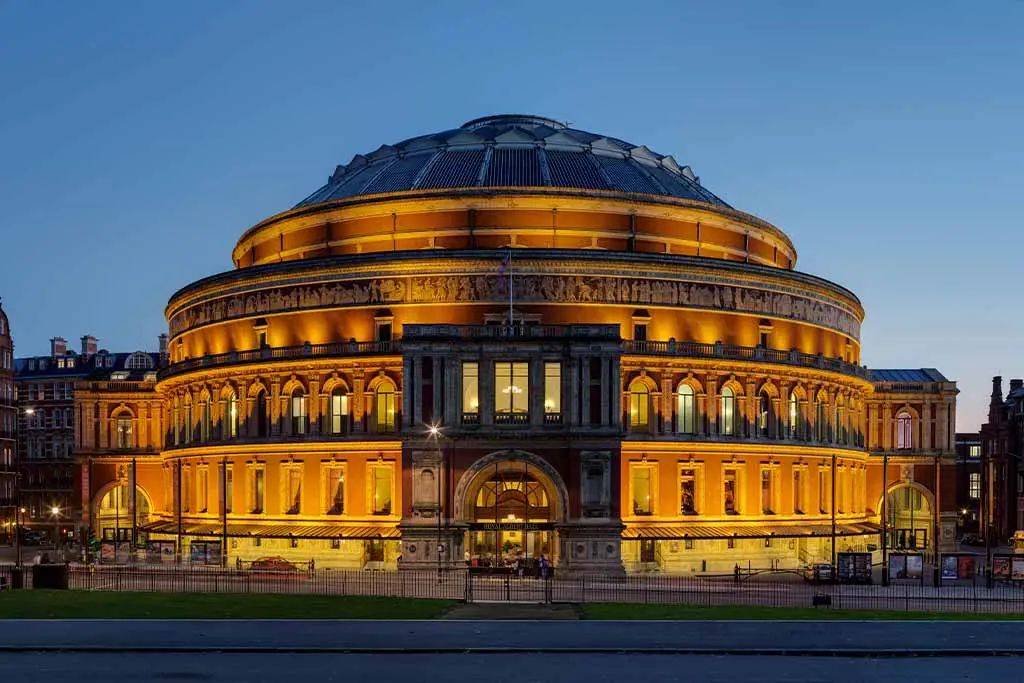 Royal Albert Hall illuminated at dusk