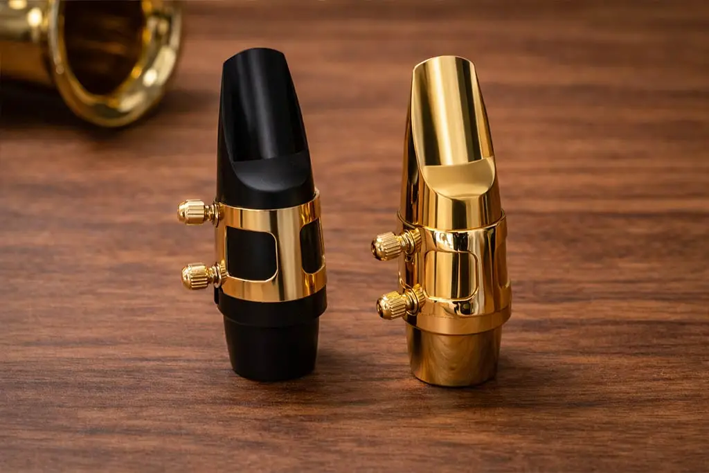 Two saxophone mouthpieces with ligatures on a wooden surface