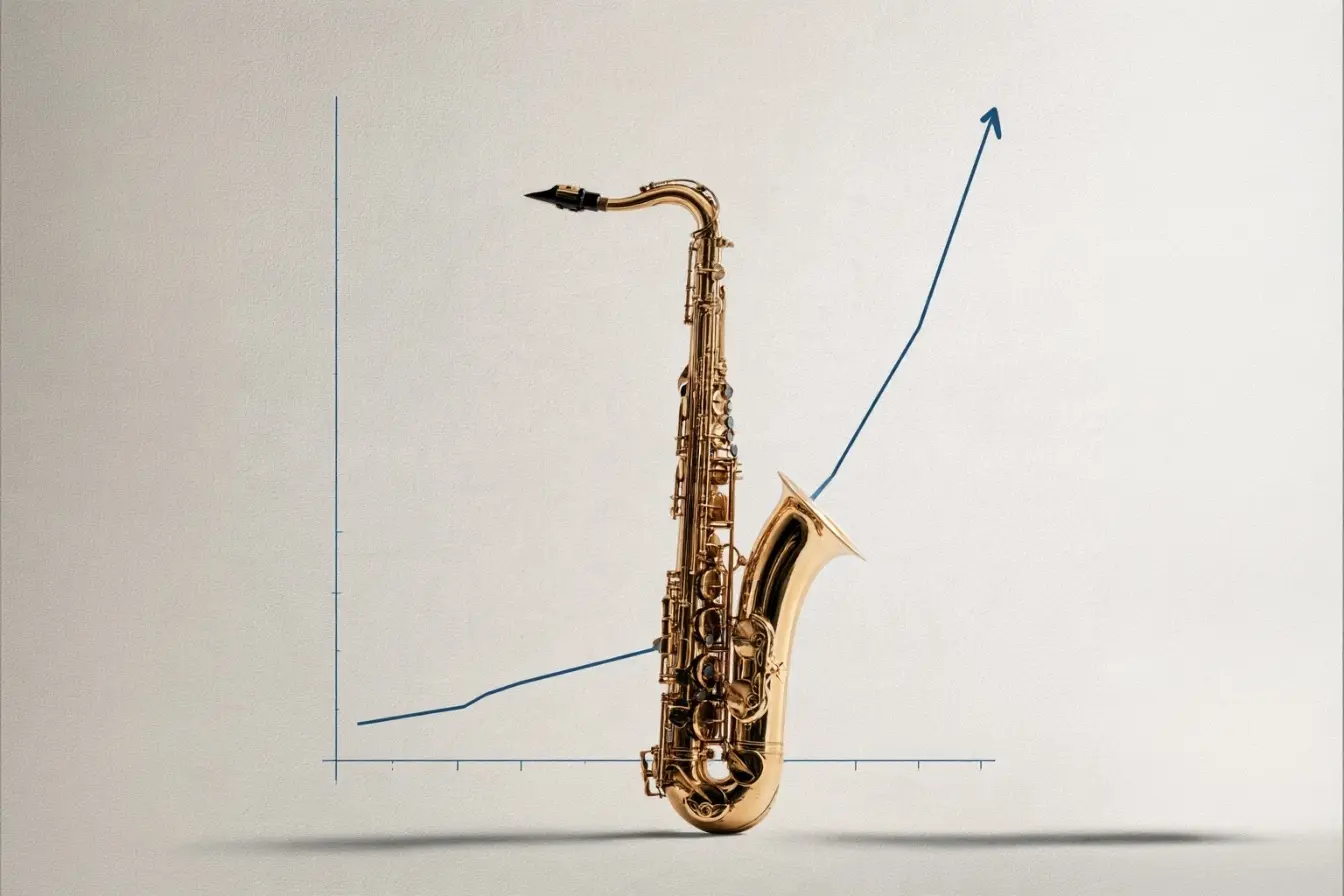 Tenor saxophone standing in front of a line graph that rises steeply.