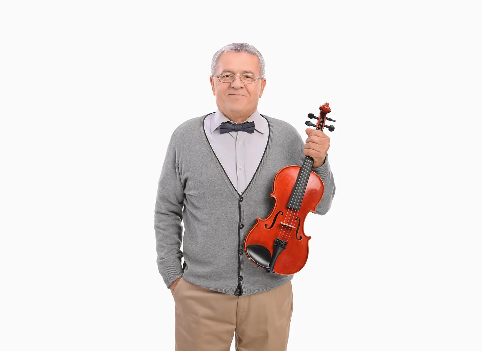 Senior man in a cardigan holding a violin