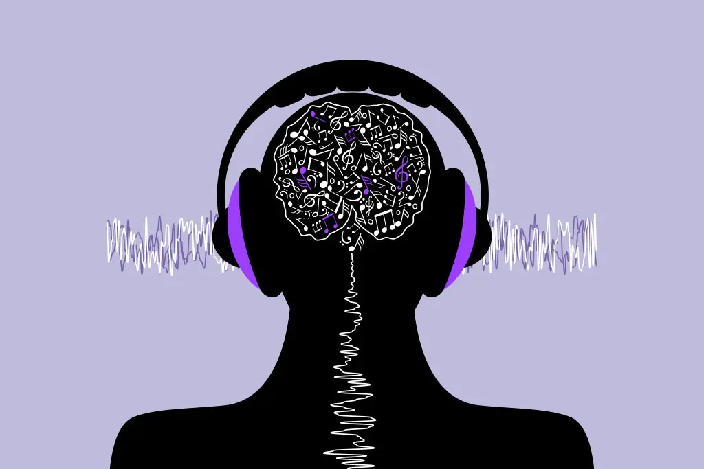 Silhouette wearing headphones with a brain graphic, music notes and sound waves
