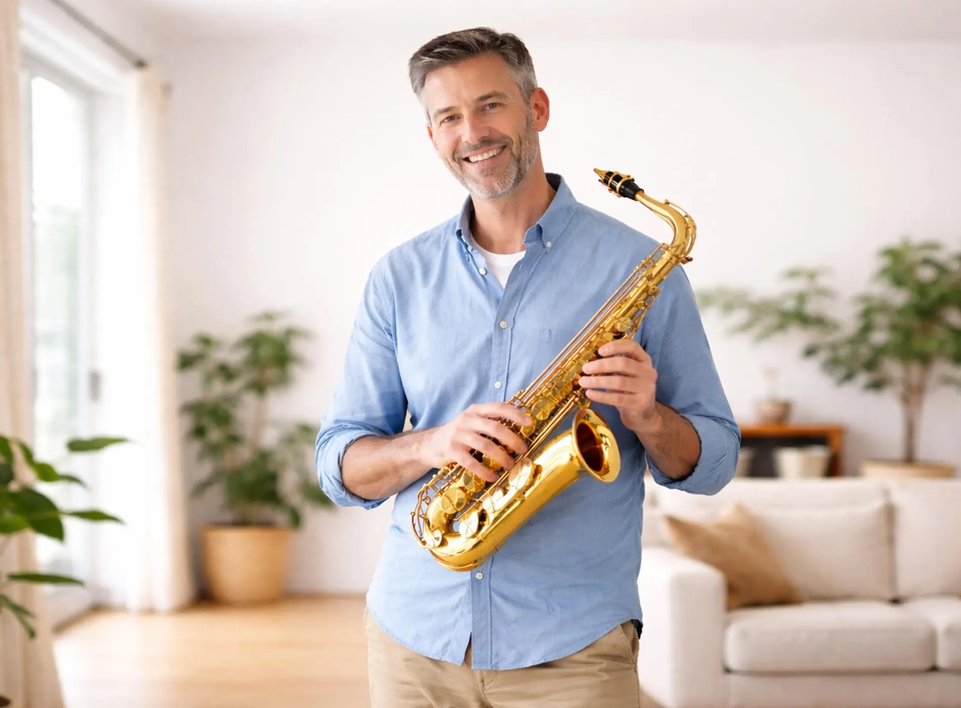 Man smiling holding a saxophone